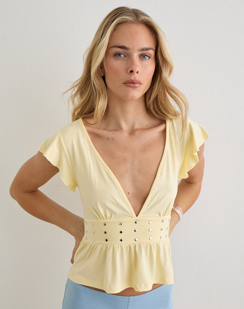 Leisma Frill Top in Jersey Lemon with Studs