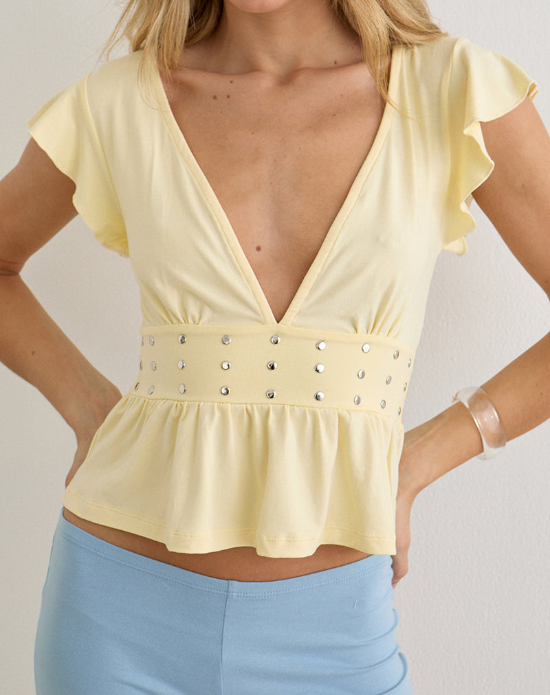 Leisma Frill Top in Jersey Lemon with Studs