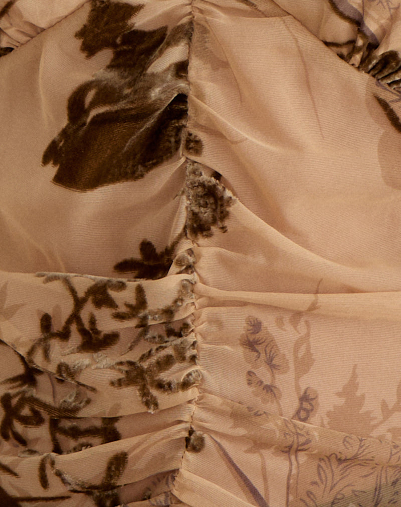 Lentera V-Neck Top in Floral Devore Beige