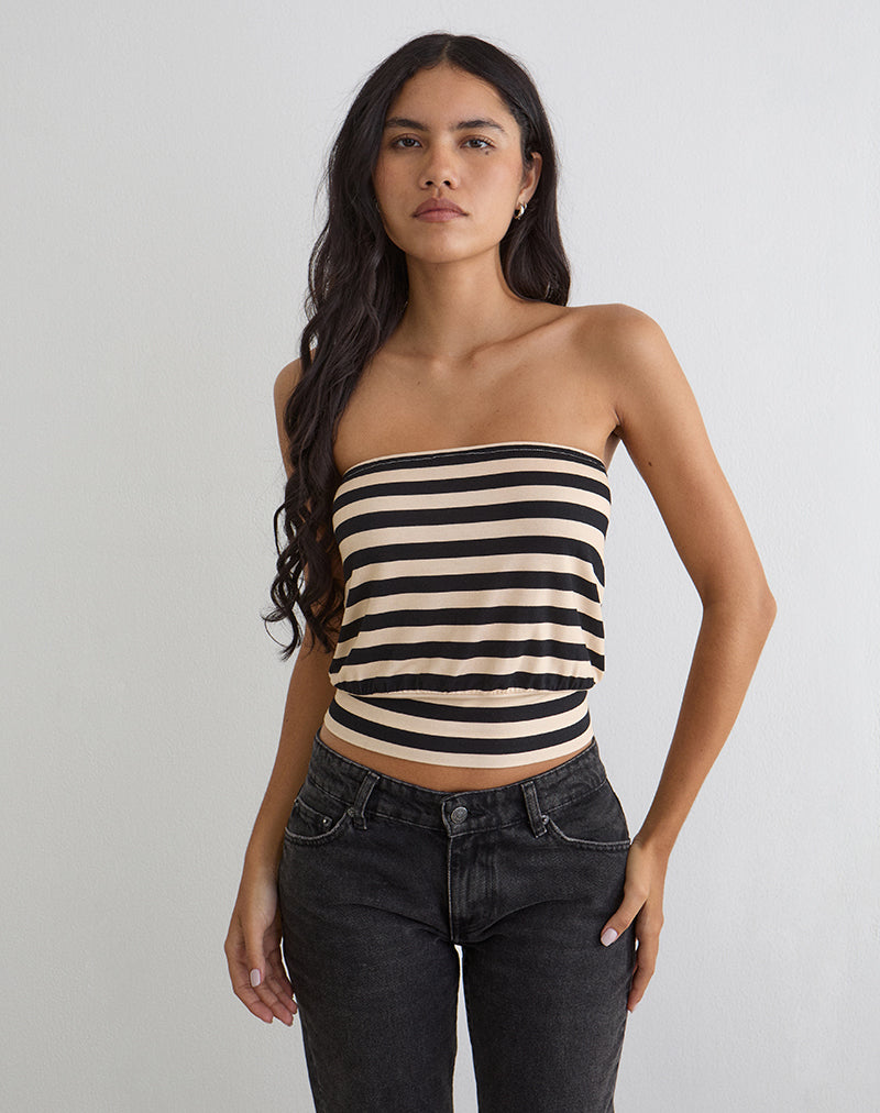 Leocadia Bandeau Top in Cupro Stripe Black and Ivory