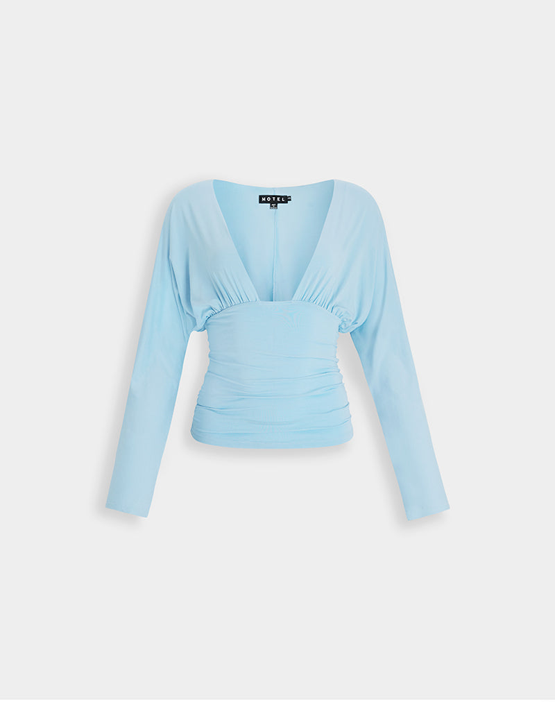 Lilro Long Sleeve Plunge Batwing Top in Cool Blue