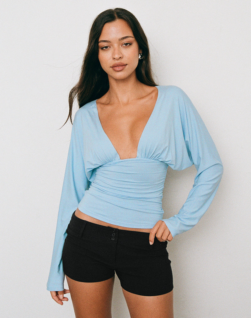 Lilro Long Sleeve Plunge Batwing Top in Cool Blue