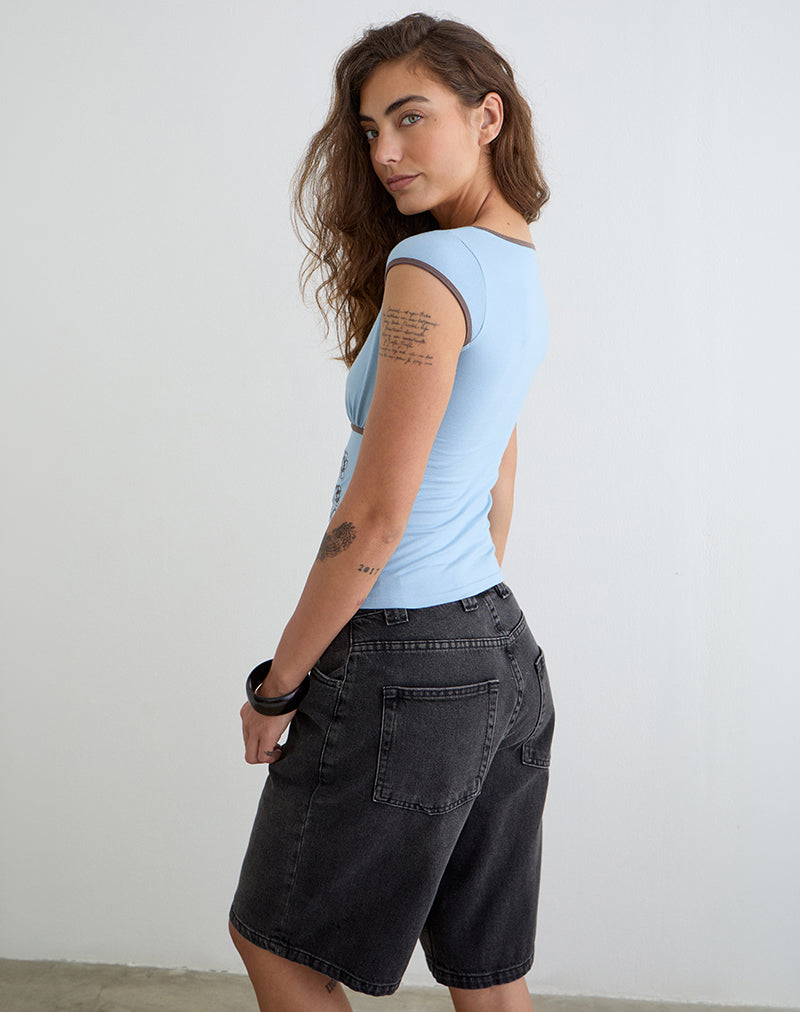 Liuvia Top in Nantucket Blue with Coffee Quartz Binding and Flower Embroidery