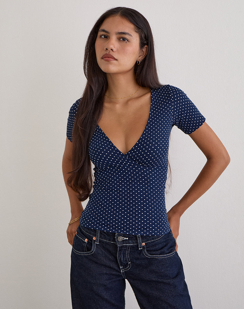 Lobos Crossover Top in Jersey Micro Polka Navy