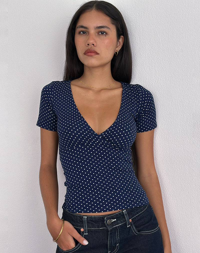 Lobos Crossover Top in Jersey Micro Polka Navy