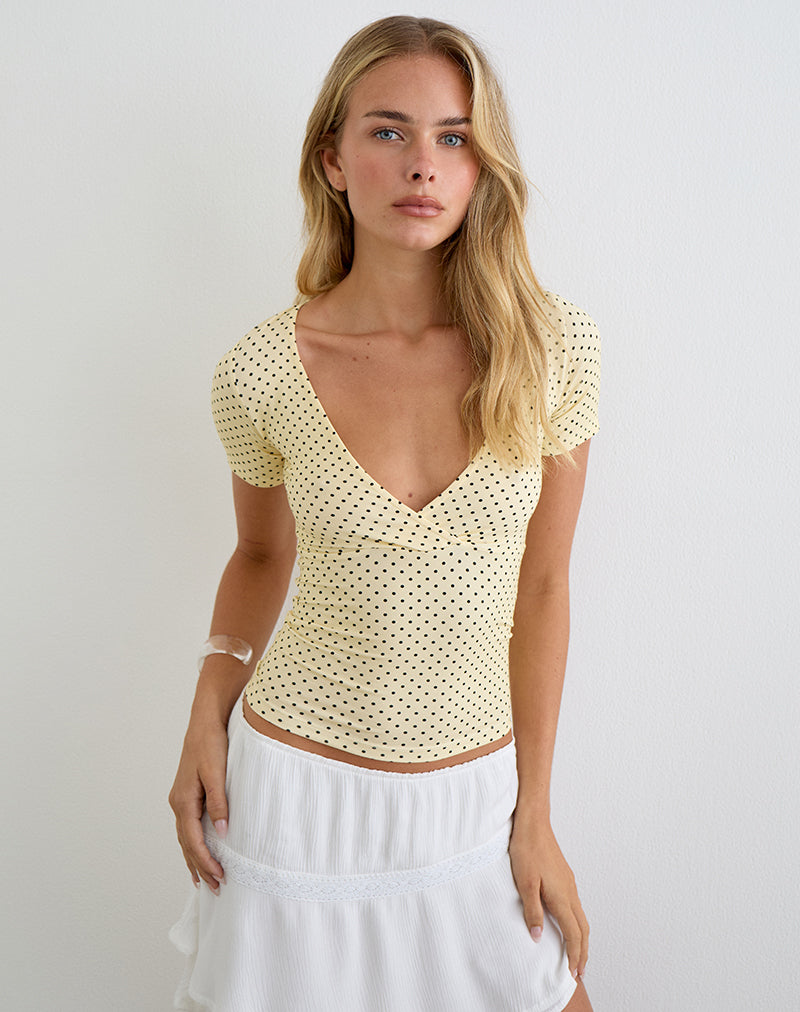 Lobos Crossover Top in Butter Yellow with Micro Polka Dots