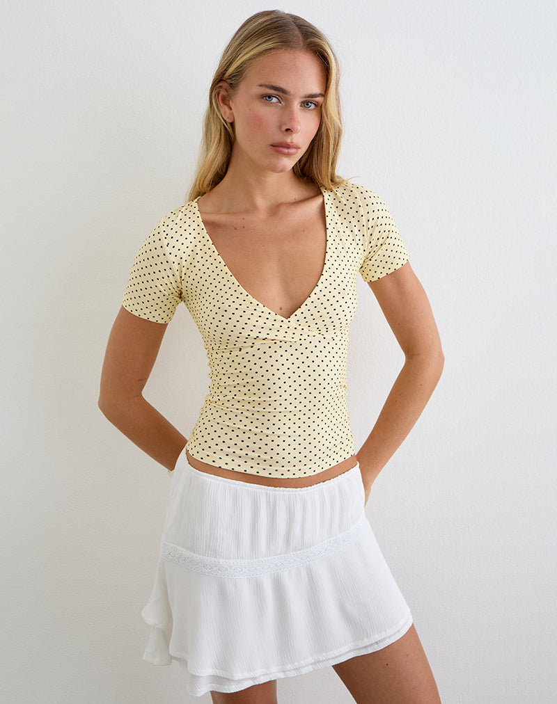 Lobos Crossover Top in Butter Yellow with Micro Polka Dots