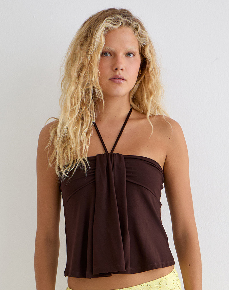 Lue Halterneck Top in Rayon Jersey Chocolate Brown