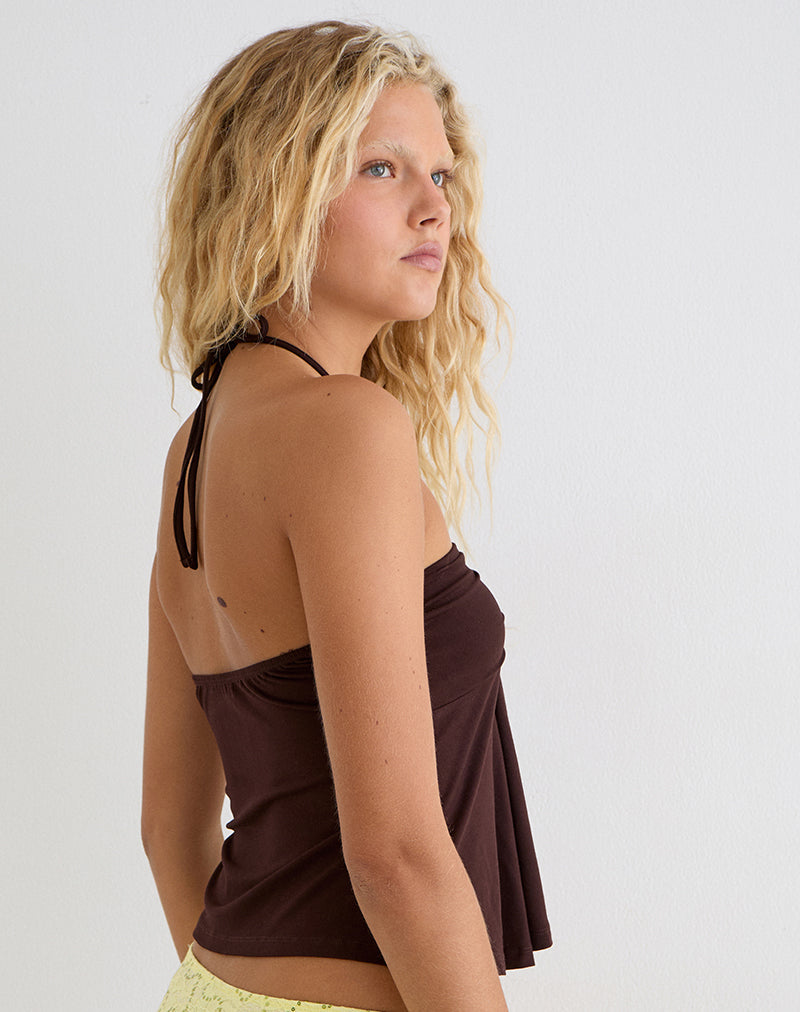 Lue Halterneck Top in Rayon Jersey Chocolate Brown
