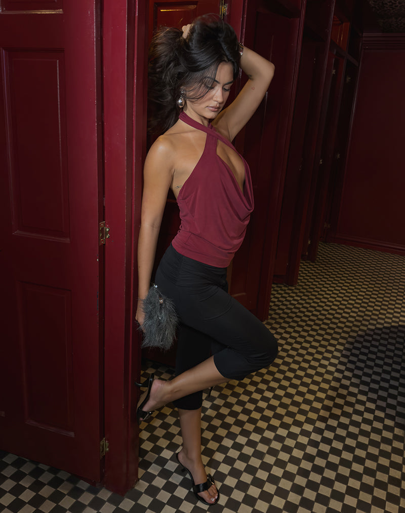 Lupine Cowl Crossover Halter Top in Cupro Burgundy