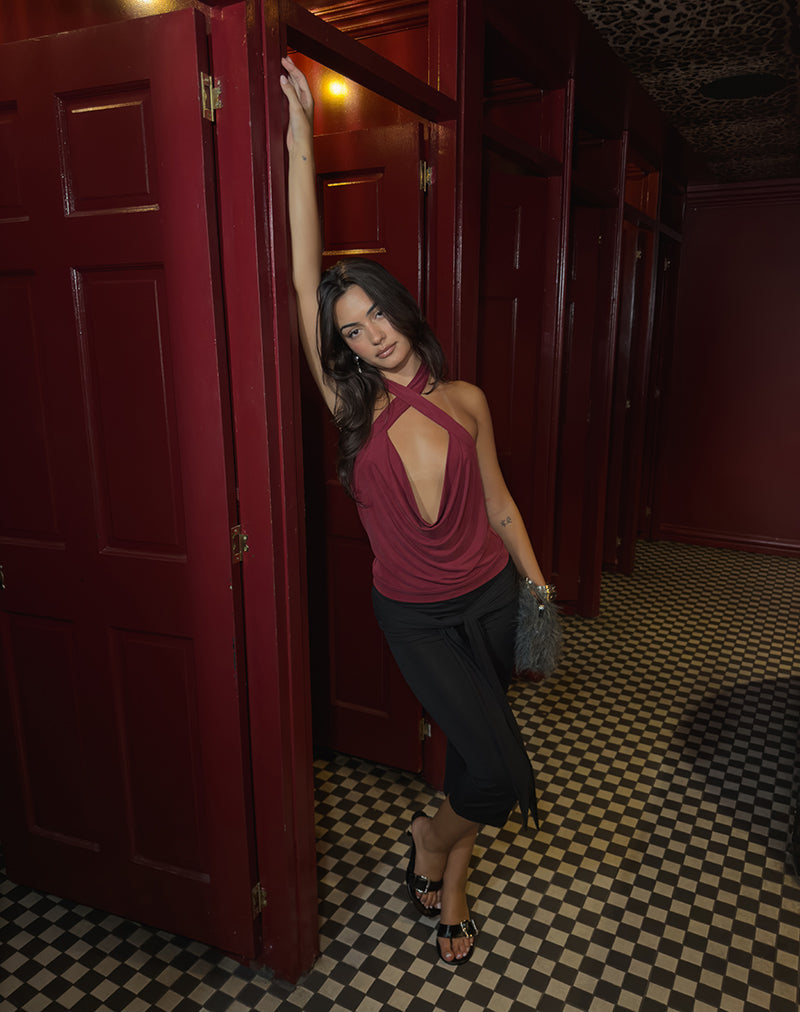 Lupine Cowl Crossover Halter Top in Cupro Burgundy