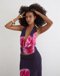Bujau Plunge Cowl Neck Top in Purple Chiffon with Desert Flower