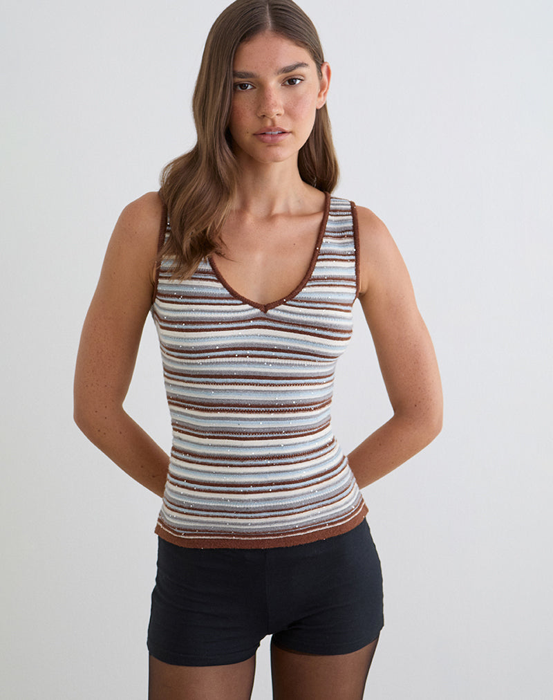 Lycia Plunge Top in Knit Stripe Blue and Brown