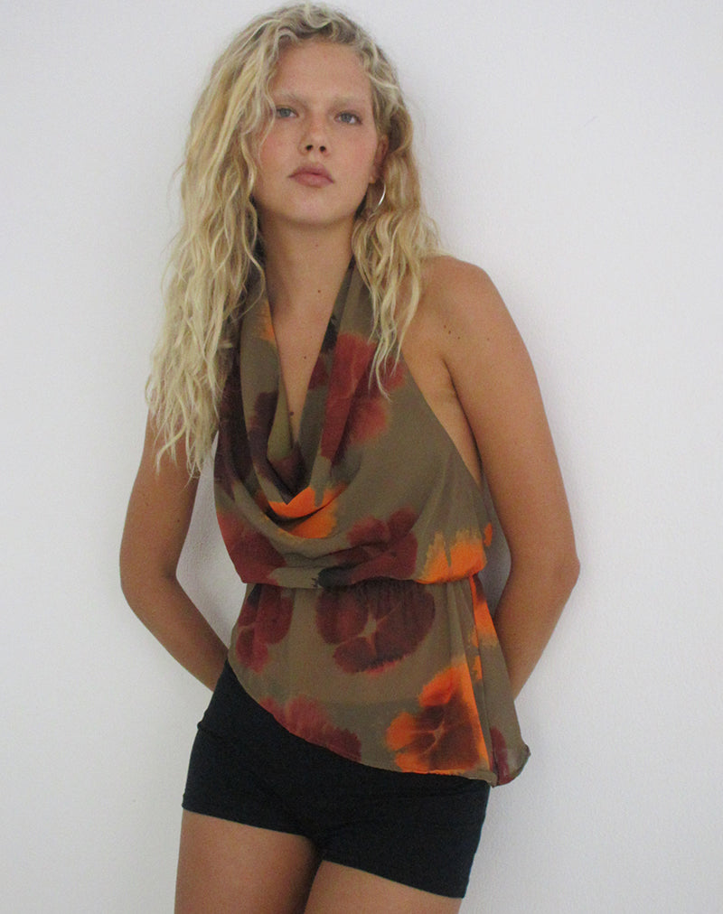 Mahda Top in Chiffon Petals Script Olive