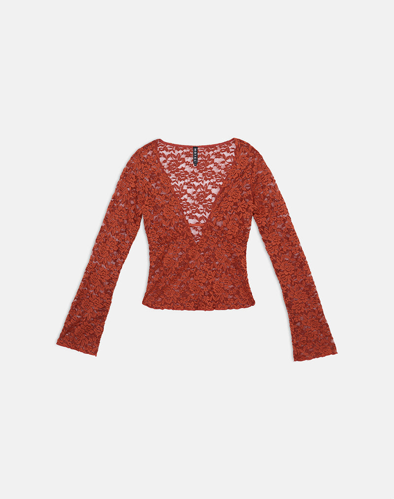 Mahota Deep Plunge Long Sleeve Top in Lace Mesh Brick