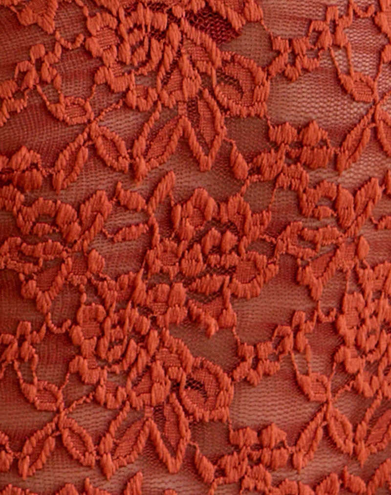 Mahota Deep Plunge Long Sleeve Top in Lace Mesh Brick