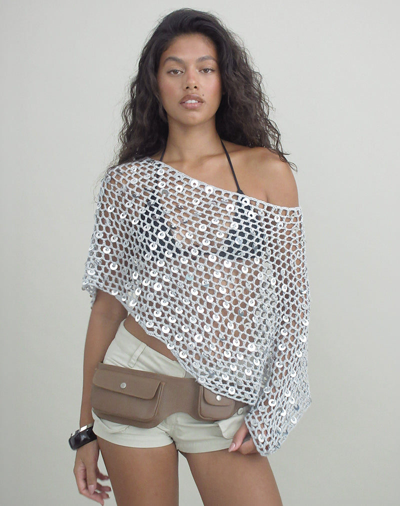 Maliha Poncho in Crochet Knit Silver