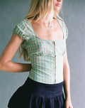 Malsa Scoop Button Blouse in Teal Check