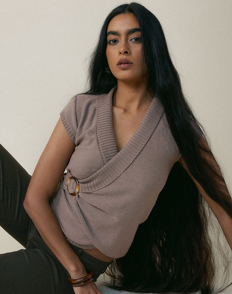 Malya Top with Buckle in Knit Taupe