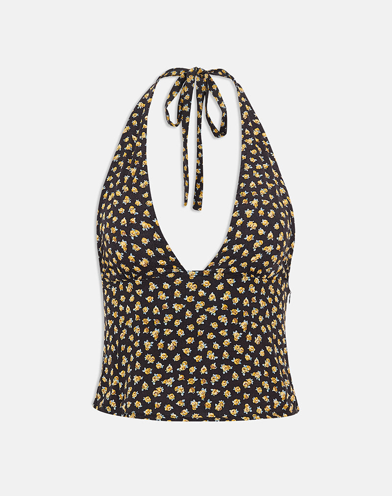 Marsina Halterneck Top in Ditsy Floral Bronze