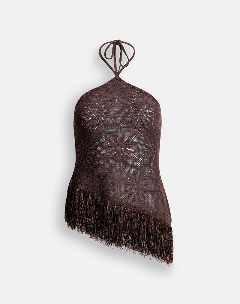 Masina Top with Fringe Hem in Sequin Knit Brown