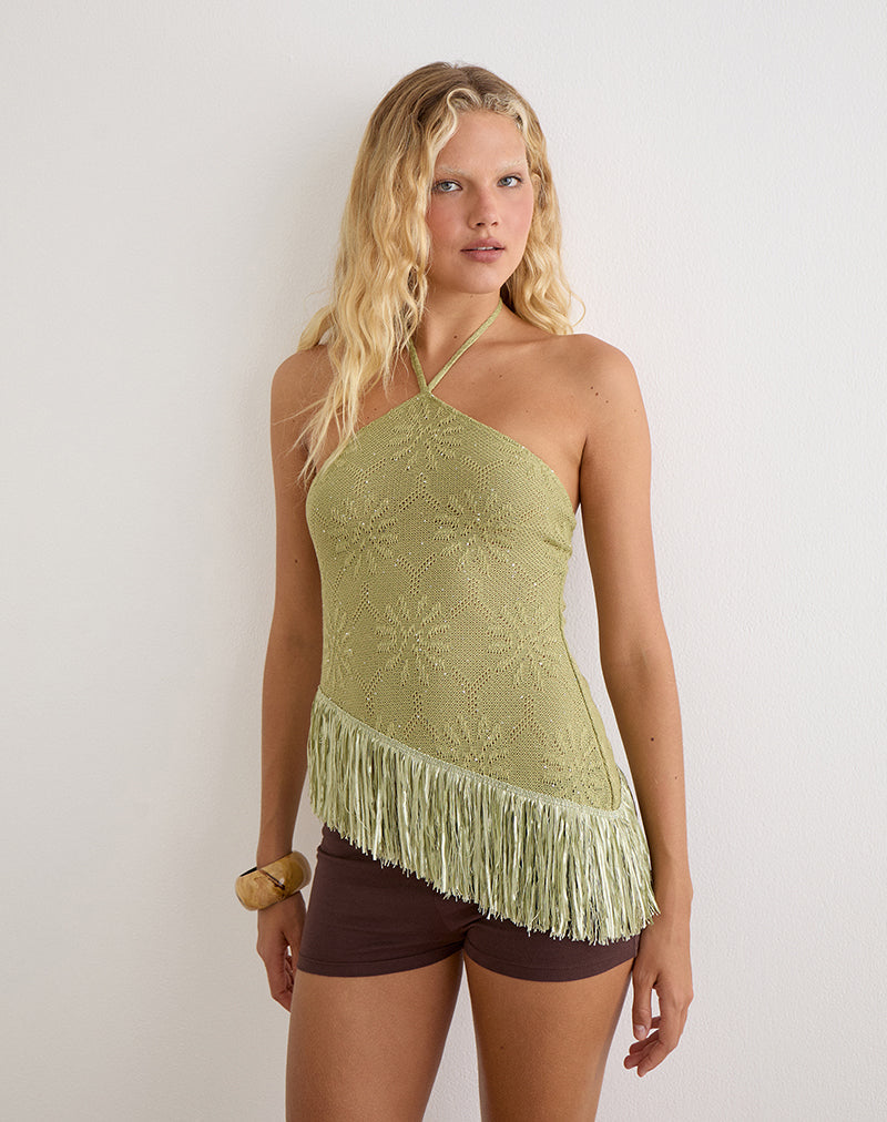 Masina Top With Fringe Hem in Sequin Knit Green