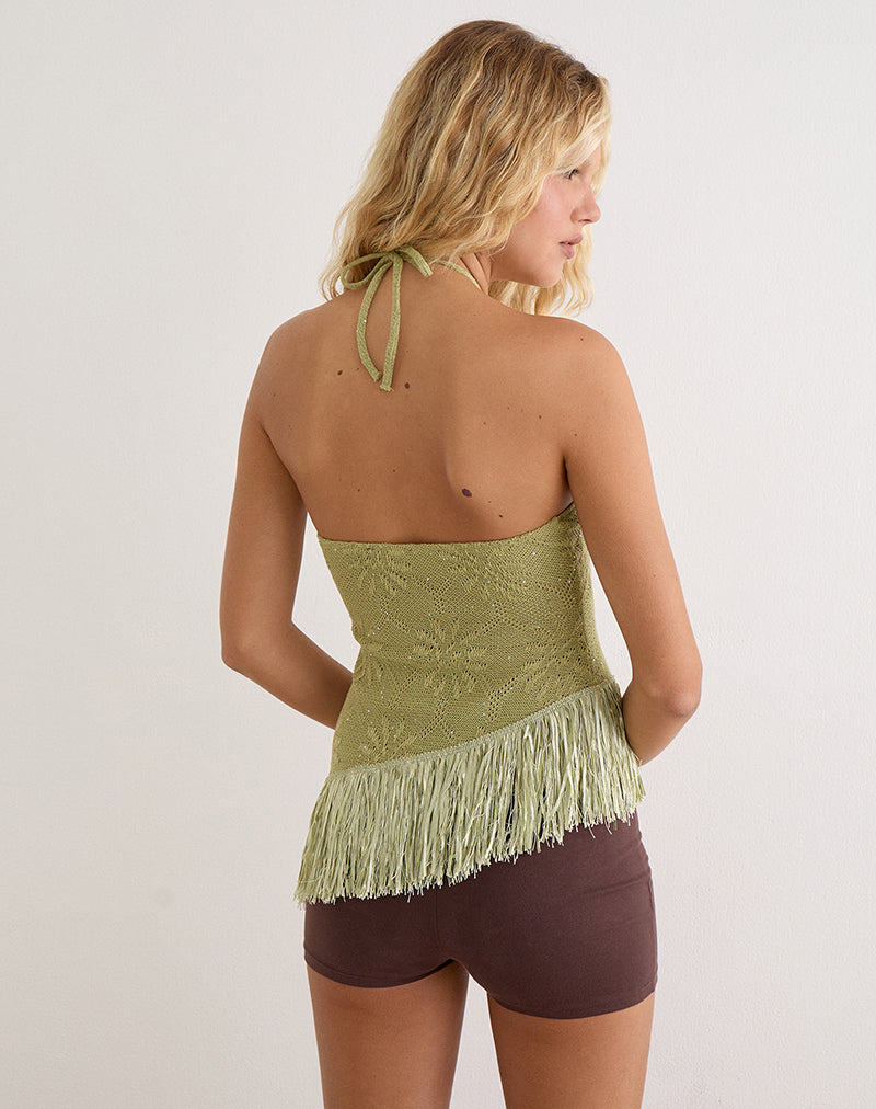 Masina Top With Fringe Hem in Sequin Knit Green