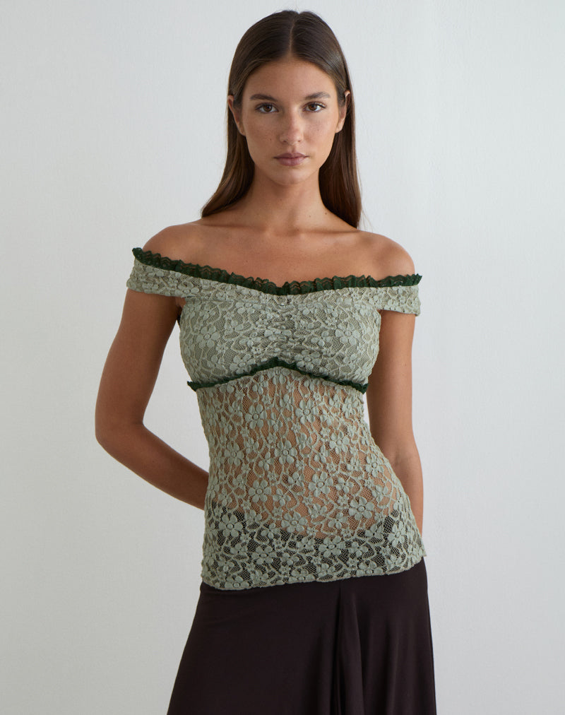 Mayu Top with Ruffle Trim in Lace Sage Green