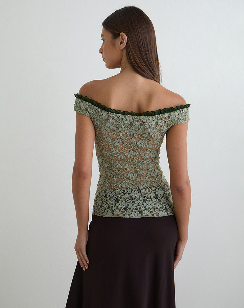 Mayu Top with Ruffle Trim in Lace Sage Green