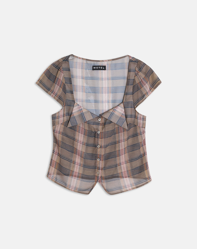 Meraki Blouse Top in Brown and Pink Blurry Check