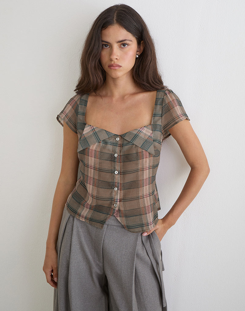 Meraki Blouse Top in Brown and Pink Blurry Check