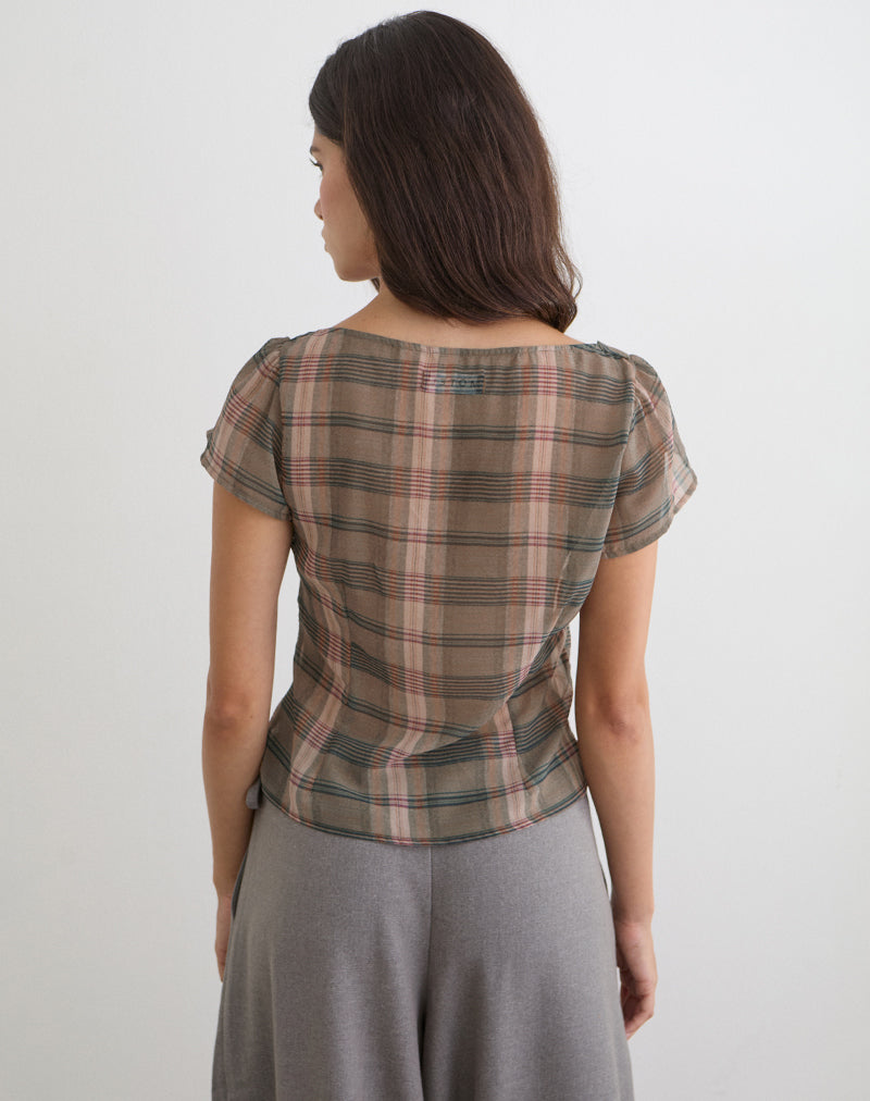 Meraki Blouse Top in Brown and Pink Blurry Check