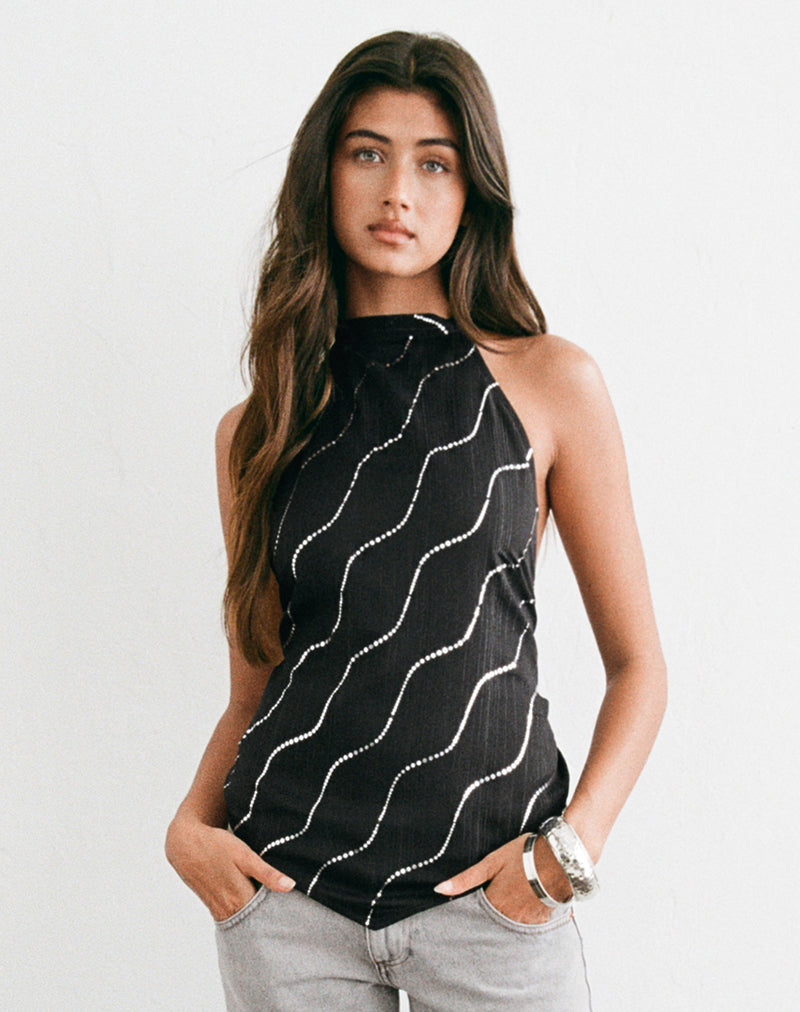 Mercy Halter Top in Crinkle Chiffon Black with Hot Fix