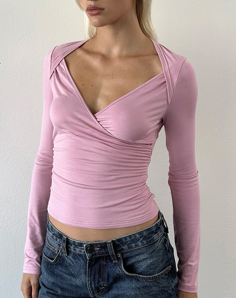 Migu Long Sleeve Crossover Top in Coral Blush