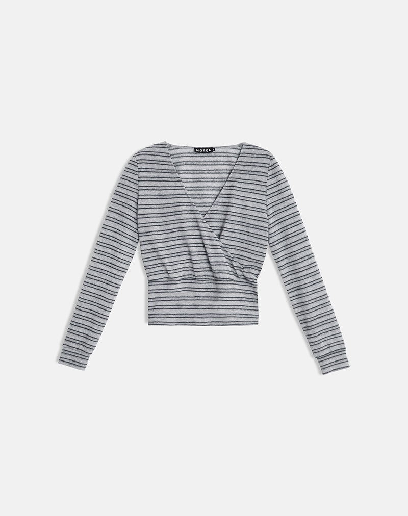 Milzie Wrap Top in Horizontal Stripe Knit Grey and Black