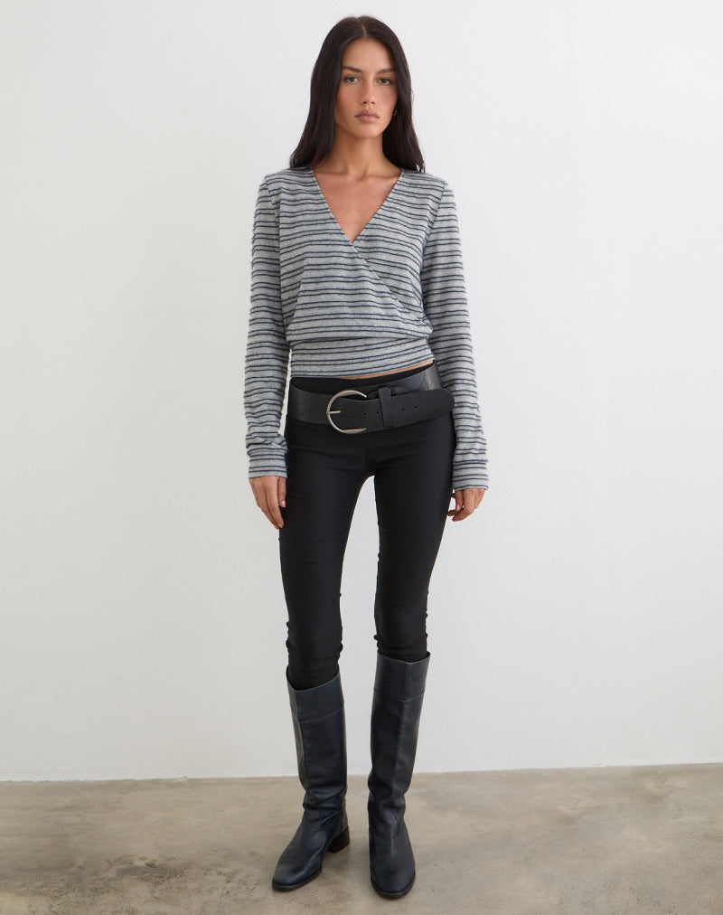 Milzie Wrap Top in Horizontal Stripe Knit Grey and Black