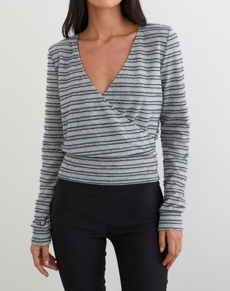 Milzie Wrap Top in Horizontal Stripe Knit Grey and Black