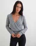 Milzie Wrap Top in Horizontal Stripe Knit Grey and Black