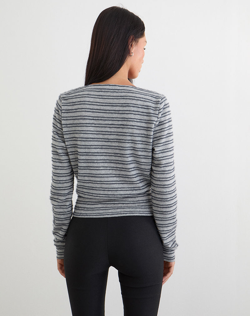 Milzie Wrap Top in Horizontal Stripe Knit Grey and Black