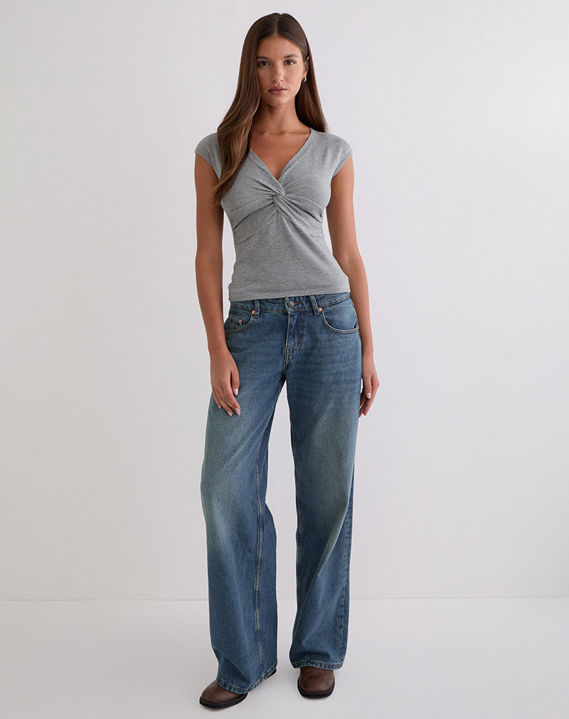 Minari V Neck Twist Top in Knit Grey