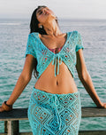 Mirea Shrug Top in Crochet Knit Aqua Sky