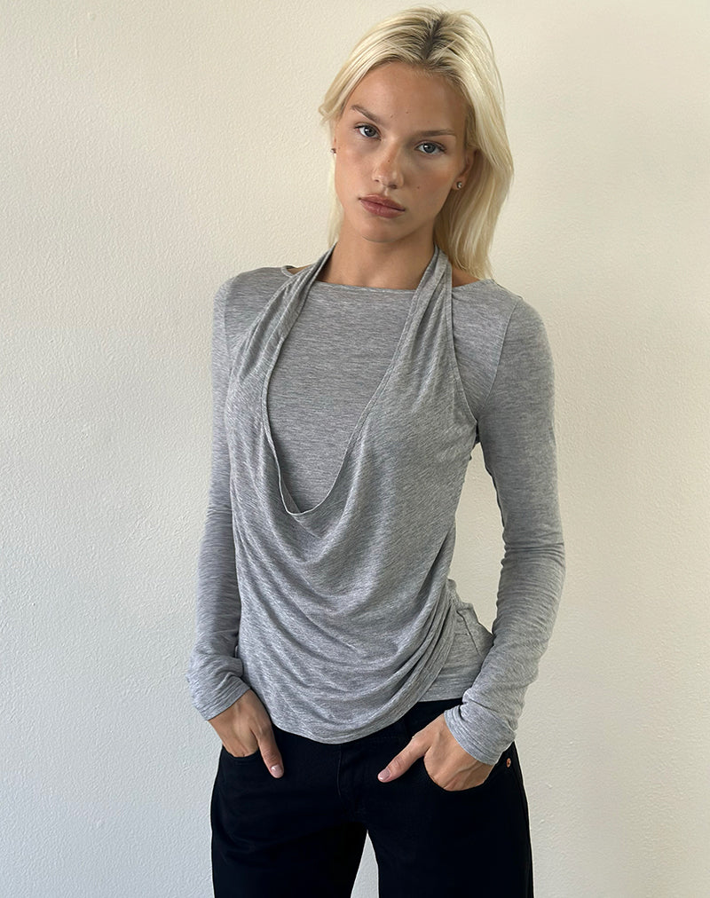 Miri Long Sleeve Cowl Halter Top in Jersey Grey