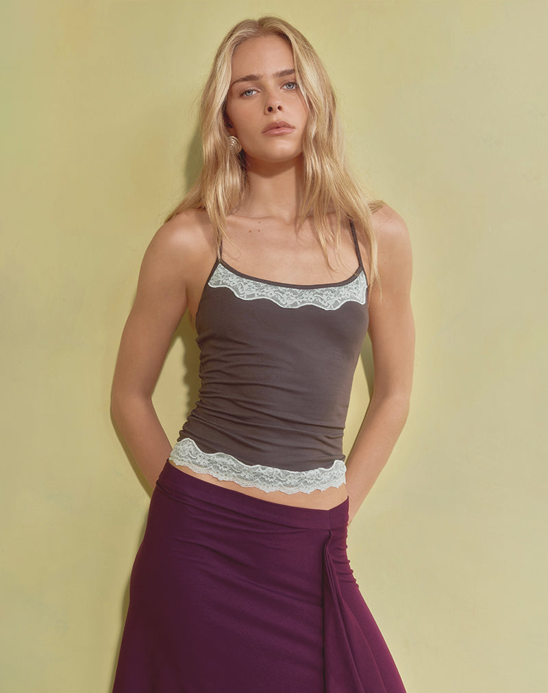 Mishti Cami Top with Lace Trim in Dark Brown