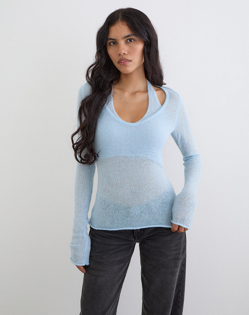 Misora Long Sleeve Top in Sheer Knit Blue