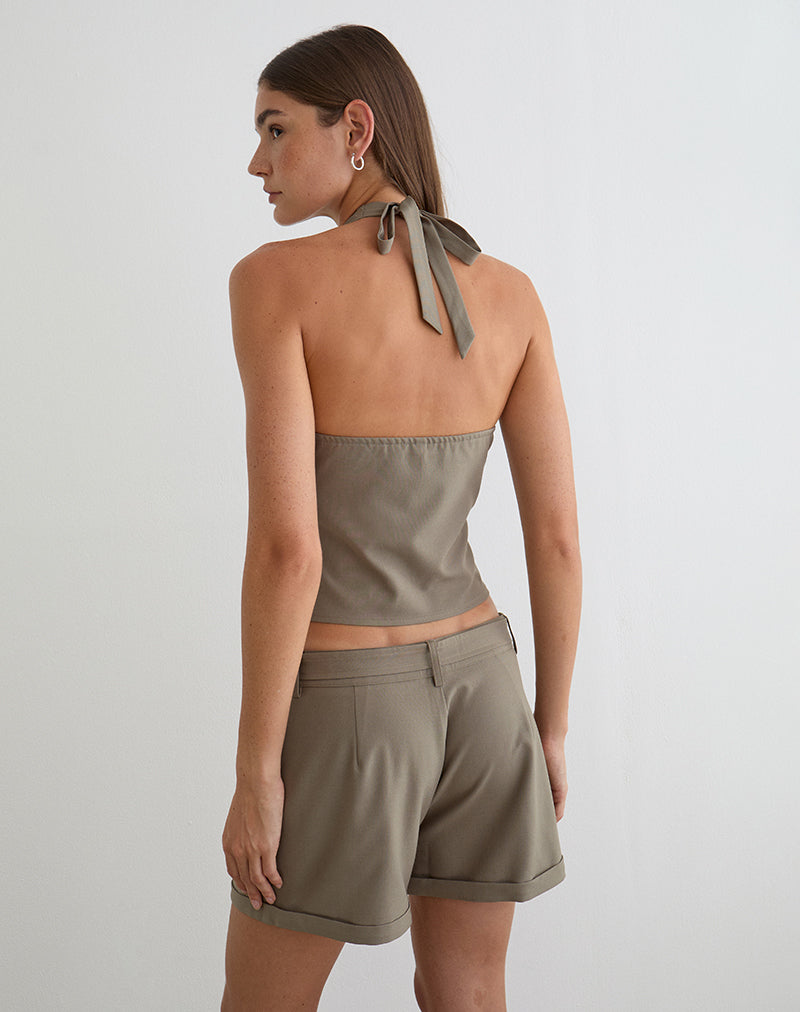 Miyuki Tie Front Halterneck Top in Tailoring Dark Beige