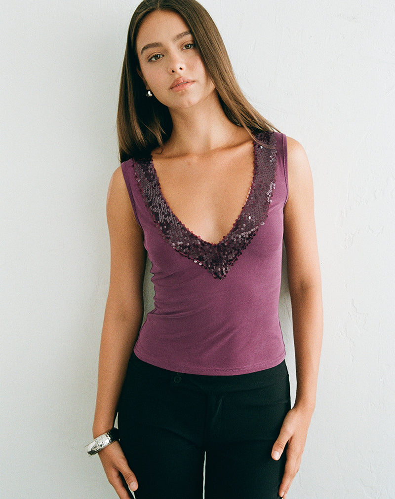Nahia Top with Sequin Trim in Cupro Deep Purple