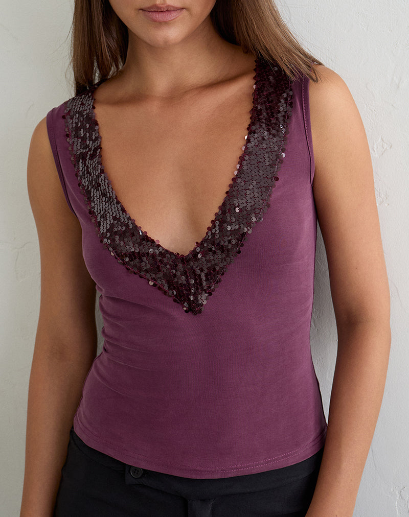 Nahia Top with Sequin Trim in Cupro Deep Purple