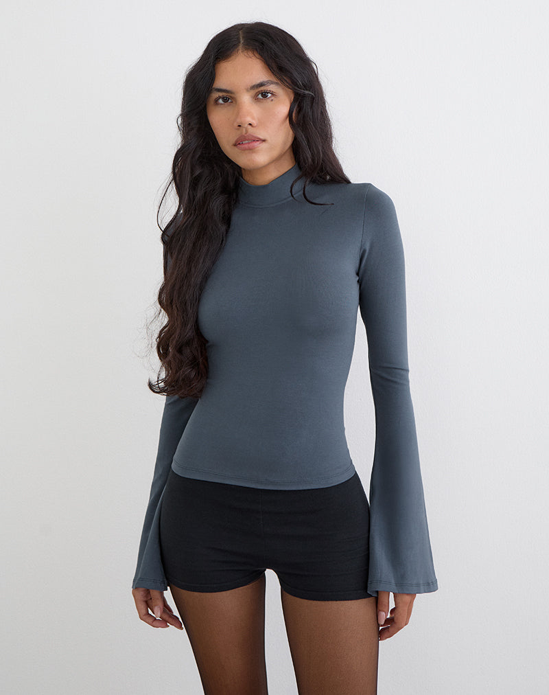 Nell High Neck Long Sleeve Top in Jersey Ocean Storm