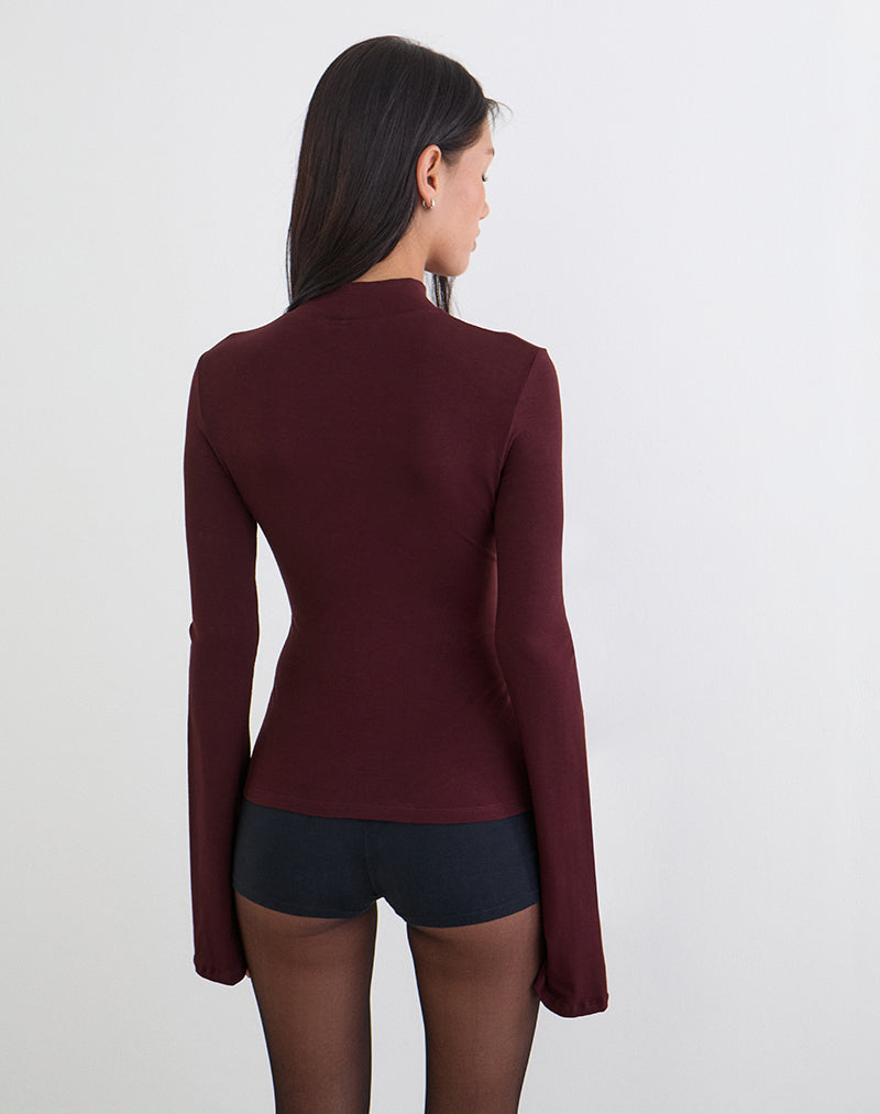 Nell High Neck Long Sleeve Top in Dark Plum