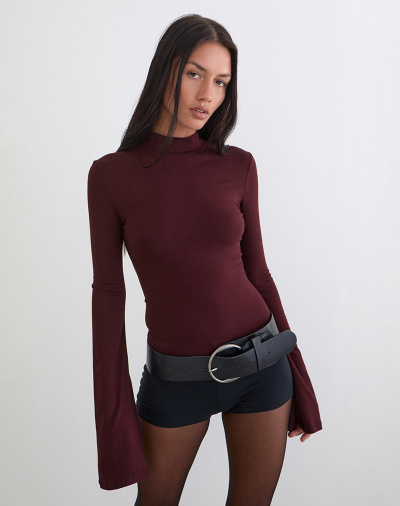Nell High Neck Long Sleeve Top in Dark Plum